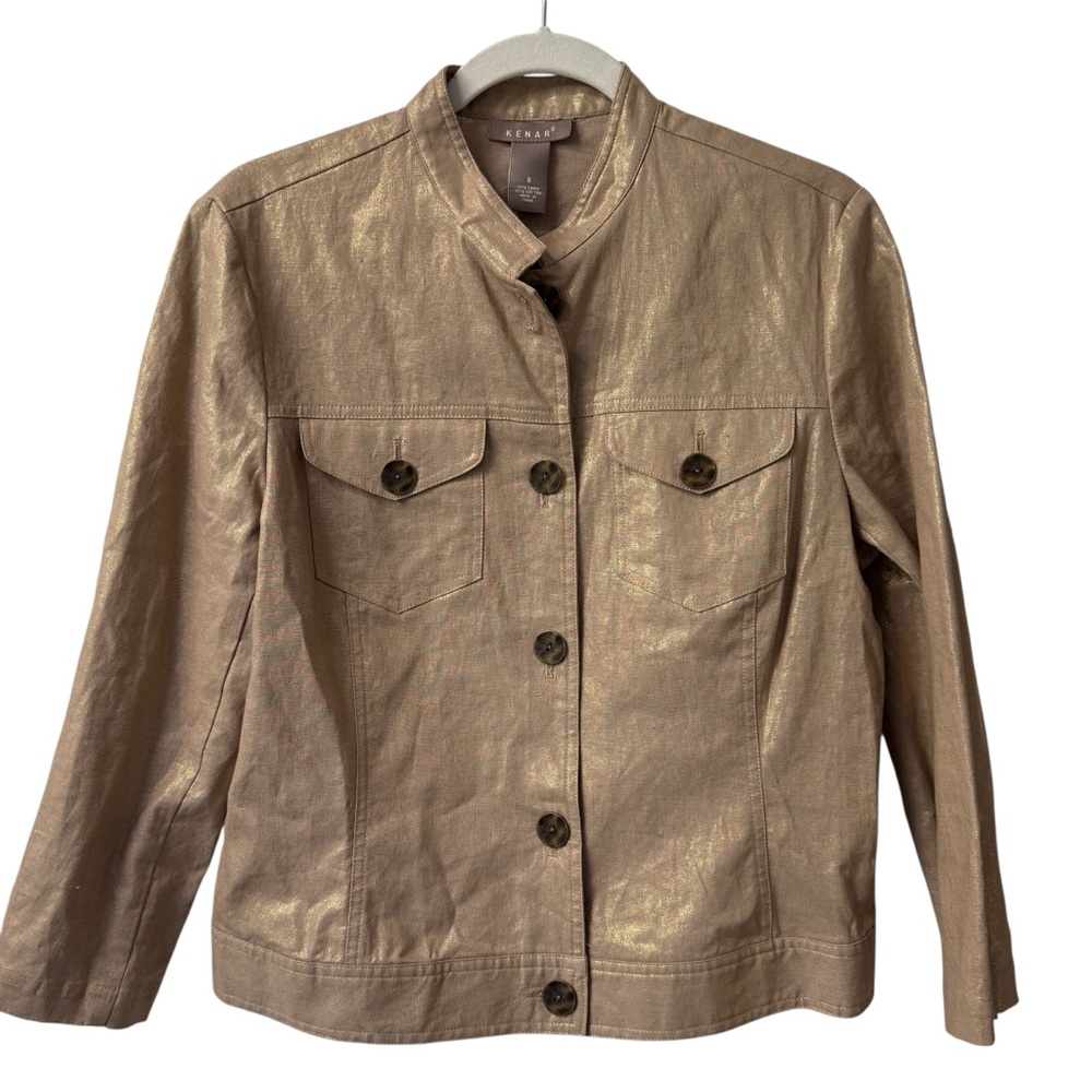 Kenar Gold Metallic Linen Cotton Jacket 8 Safari Vibe Business Casual Vintage